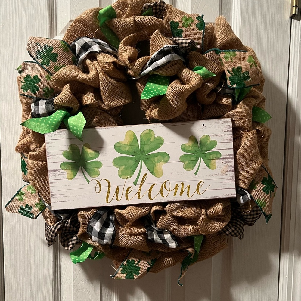 Welcome Burlap Holiday Wreath with Green Accents
